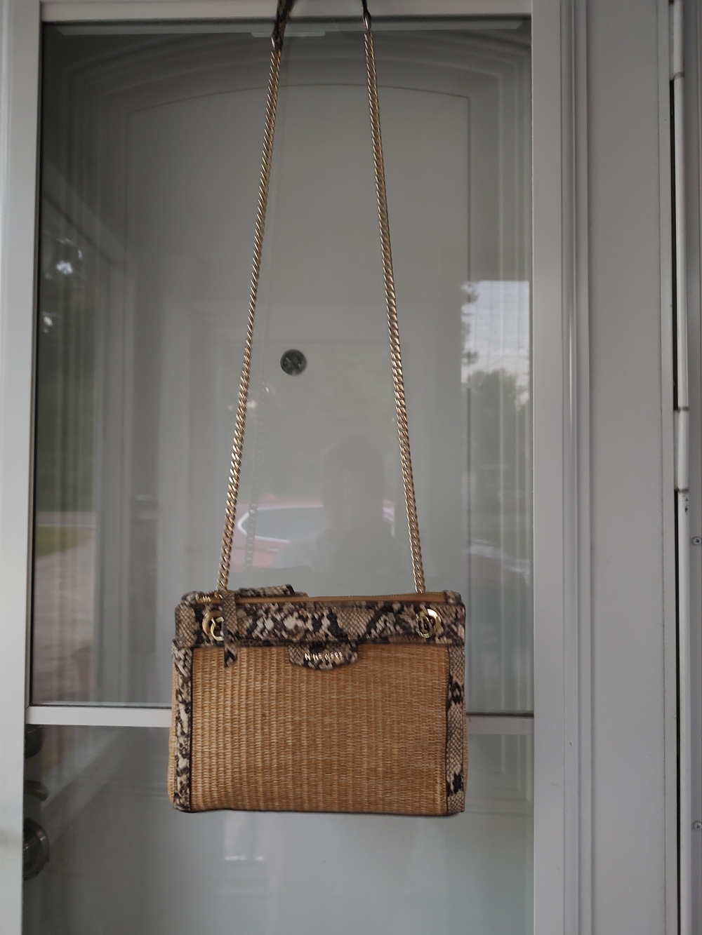 Weekend Special Only Woven Rattan Shoulder Bag with Snake-Print Trim
